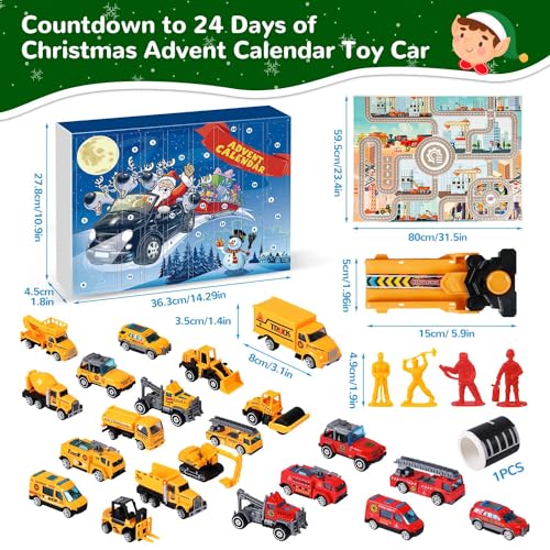 iZoeL Calendario De Adviento Coches Niño 24 Vehículos Aleación Sitio Construcción Camión Excavadora Camión Bomberos Avión Lanzador 2023 Calendario Navidad