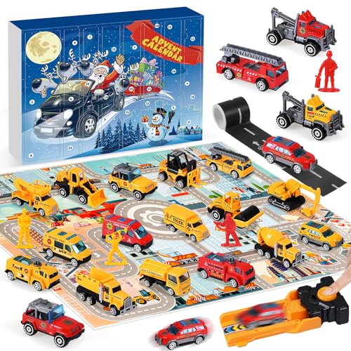 iZoeL Calendario De Adviento Coches Niño 24 Vehículos Aleación Sitio Construcción Camión Excavadora Camión Bomberos Avión Lanzador 2023 Calendario Navidad