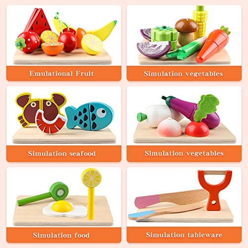 Jacootoys Juguetes de Corte de Madera Magnéticos Frutas y Verduras Juego de Alimentos con Delantal y Gorro de Cocinero para Niños Niñas