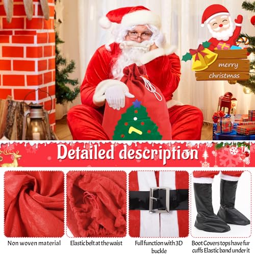 JAMITE 7Piezas Disfraz de Papá Noel para Hombres,Disfraz de Papá Noel Premium Completo Unisex con Chaqueta,Pantalón,Barba,Gorro,Cinturón,Cubrebota y Bolsa de Regalo,para el Look Perfecto de Papá Noel