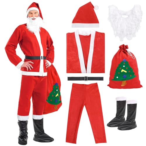 JAMITE 7Piezas Disfraz de Papá Noel para Hombres,Disfraz de Papá Noel Premium Completo Unisex con Chaqueta,Pantalón,Barba,Gorro,Cinturón,Cubrebota y Bolsa de Regalo,para el Look Perfecto de Papá Noel