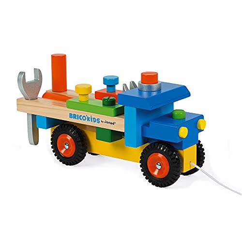 Janod - Brico'Kids - Camión de Bricolaje Desmontable 2 en 1, con Cuerda para Tirar, 3 Herramientas Incluidas, Desarrollo de La Motricidad - Desde Los 2 Años, J05022