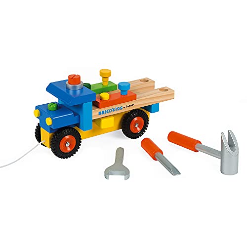 Janod - Brico'Kids - Camión de Bricolaje Desmontable 2 en 1, con Cuerda para Tirar, 3 Herramientas Incluidas, Desarrollo de La Motricidad - Desde Los 2 Años, J05022