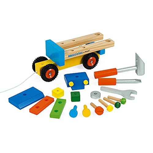 Janod - Brico'Kids - Camión de Bricolaje Desmontable 2 en 1, con Cuerda para Tirar, 3 Herramientas Incluidas, Desarrollo de La Motricidad - Desde Los 2 Años, J05022