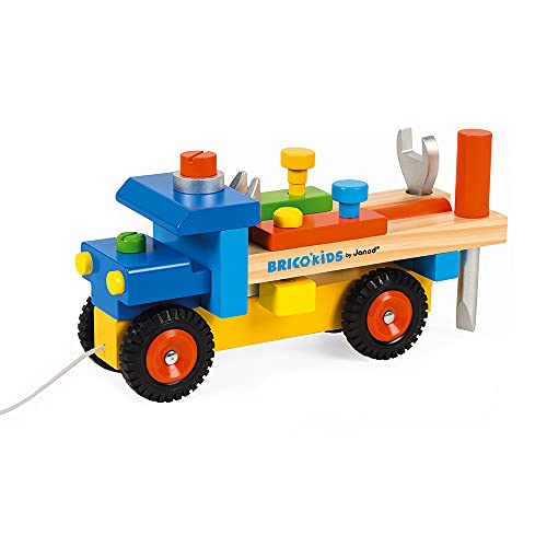 Janod - Brico'Kids - Camión de Bricolaje Desmontable 2 en 1, con Cuerda para Tirar, 3 Herramientas Incluidas, Desarrollo de La Motricidad - Desde Los 2 Años, J05022