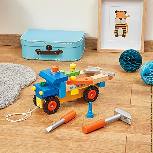 Janod - Brico'Kids - Camión de Bricolaje Desmontable 2 en 1, con Cuerda para Tirar, 3 Herramientas Incluidas, Desarrollo de La Motricidad - Desde Los 2 Años, J05022