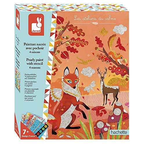 Janod - Estuche de Pintura Nacarada con Plantilla 4 Estaciones - Les Ateliers Du Calme - Kit Infantil de Manualidades - Motricidad Fina y Creatividad - Desde 7 Años, J07952