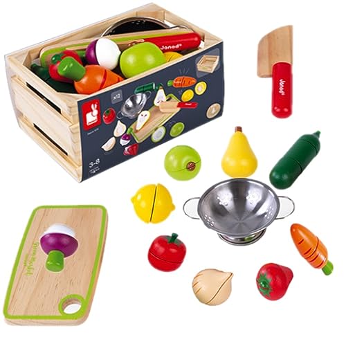 Janod - Maxi Set de Frutas y Verduras Green Market - Cajón de mercado con 9 frutas y verduras para cortar con velcro - Tabla y cuchillo de madera - Colador de metal - A partir de 3 años, J06607