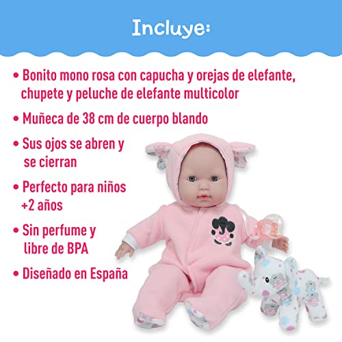 JC Toys- Muñeca Berenguer Boutique de 38 cm, de Cuerpo Blando, Sus Ojos se abren y cierran, Incluye Ropa y Peluche Elefante, Rosa, diseñado por Berenguer, 2 años