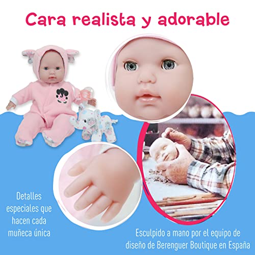 JC Toys- Muñeca Berenguer Boutique de 38 cm, de Cuerpo Blando, Sus Ojos se abren y cierran, Incluye Ropa y Peluche Elefante, Rosa, diseñado por Berenguer, 2 años