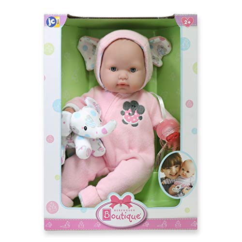 JC Toys- Muñeca Berenguer Boutique de 38 cm, de Cuerpo Blando, Sus Ojos se abren y cierran, Incluye Ropa y Peluche Elefante, Rosa, diseñado por Berenguer, 2 años