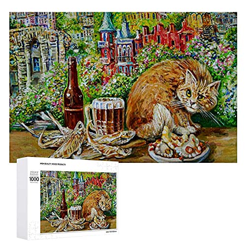 jeansame Rompecabezas de madera de 1000 piezas de pintura gato contra fabulosa ciudad rompecabezas juegos ilustraciones regalo para adultos niños, multicolor