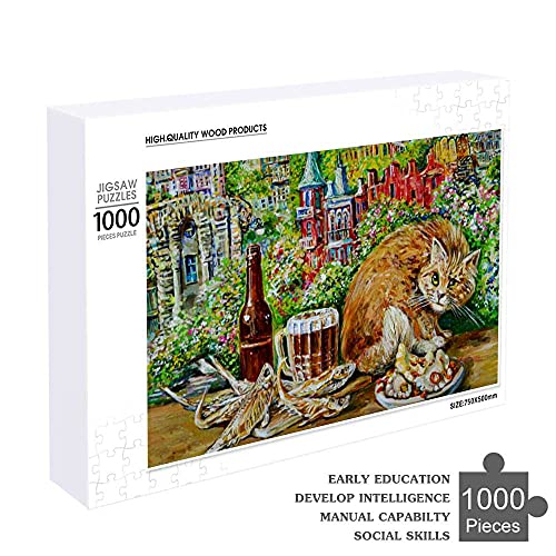 jeansame Rompecabezas de madera de 1000 piezas de pintura gato contra fabulosa ciudad rompecabezas juegos ilustraciones regalo para adultos niños, multicolor