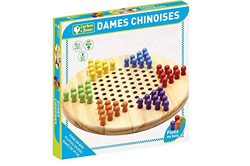 Jeujura Damas Chinas: Bandeja y peones de Madera-El árbol para Jugar-Juego de Mesa-Edad mínima: 3 años, Color Rojo/Azul/Amarillo/Verde, Large (66410)