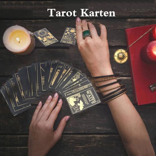 Jiawinng Rider Waite Tarot, Juego de Cartas de Tarot Impermeable para Principiantes Lectores Expertos (Idioma Inglés), con Manta de Mesa de Tarot, Juego de Mesa para Celebraciones Familiares,Negro