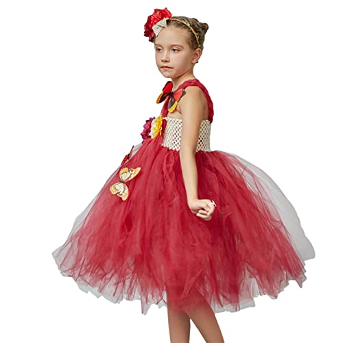 JINGAN Hada Las Flores - Vestido Princesa Gasa con Mariposa y Diadema Flores para niñas,Ropa Vestir Princesa, Vestido Bola Tul Mariposa, Halloween