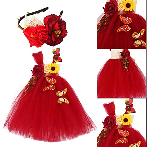 JINGAN Hada Las Flores - Vestido Princesa Gasa con Mariposa y Diadema Flores para niñas,Ropa Vestir Princesa, Vestido Bola Tul Mariposa, Halloween