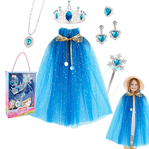 JINGAN princesa para niñas, juego 7 piezas Princess Cape Set Dress Up Clothes, juego joyas, accesorios para trajes capa para niñas para cosplay fiestas para niñas