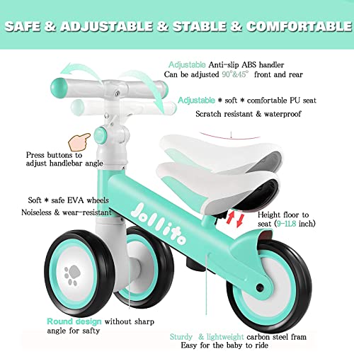 JOLLITO Baby Balance Bike, Adjustable Toddler Baby Bicycle 12-24 Months with 3 Silent Wheels, No Pedal Toddlers Walker Bike Riding Toy for 1 Year Old Boys Girls