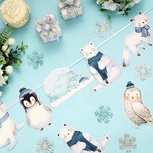 Jollyboom Decoraciones de baby shower de animales de invierno para niños y niñas, guirnalda de animales polares árticos, pancarta de bienvenida para bebé, pingüino, foca, oso, búho, zorro ártico, oso