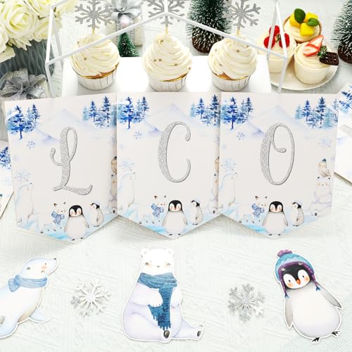 Jollyboom Decoraciones de baby shower de animales de invierno para niños y niñas, guirnalda de animales polares árticos, pancarta de bienvenida para bebé, pingüino, foca, oso, búho, zorro ártico, oso