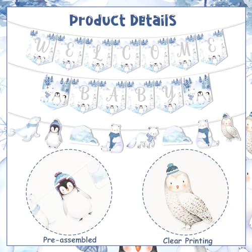 Jollyboom Decoraciones de baby shower de animales de invierno para niños y niñas, guirnalda de animales polares árticos, pancarta de bienvenida para bebé, pingüino, foca, oso, búho, zorro ártico, oso