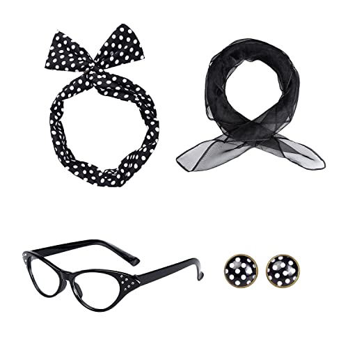 Jomnvo Disfraz de los años 50, disfraz de fiesta femenina de los años 50, conjunto de disfraces para mujer, bufanda retro, gafas de ojo de gato, pañuelo de lunares con lazo y aretes (negro)