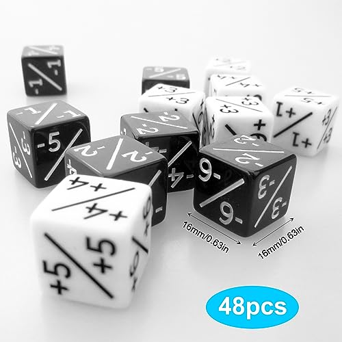 Jortmrd 48 Piezas Dados de Contadores Dados D6 de Lealtad Cubo de Dados 16mm Token Dados con Bolsillos Compatible con MTG, CCG para Matematicas Juegos de Dados Set (Negro + 1/+ 1 & Blanco -1/-1)