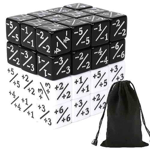 Jortmrd 48 Piezas Dados de Contadores Dados D6 de Lealtad Cubo de Dados 16mm Token Dados con Bolsillos Compatible con MTG, CCG para Matematicas Juegos de Dados Set (Negro + 1/+ 1 & Blanco -1/-1)