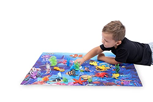 JoyKip Figuras de juego de animales marinos, criaturas marinas, tortuga, ballena y alfombrilla de juego para niños y niñas a partir de 3 años de juguetes de agua y baño