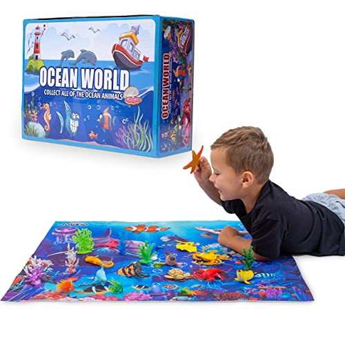 JoyKip Figuras de juego de animales marinos, criaturas marinas, tortuga, ballena y alfombrilla de juego para niños y niñas a partir de 3 años de juguetes de agua y baño