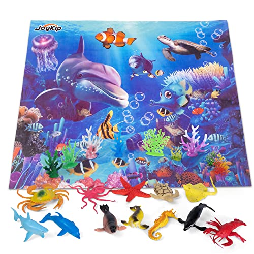 JoyKip Figuras de juego de animales marinos, criaturas marinas, tortuga, ballena y alfombrilla de juego para niños y niñas a partir de 3 años de juguetes de agua y baño