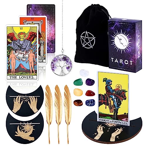 Joyoldelf Juego de cartas de tarot, cartas clásicas de tarot y libro para principiantes, con tarot 1 caja, 3 plumas doradas, 3 soportes para tarjetas de tarot, bolsillo para tarjetas, 7 gemas, cadena