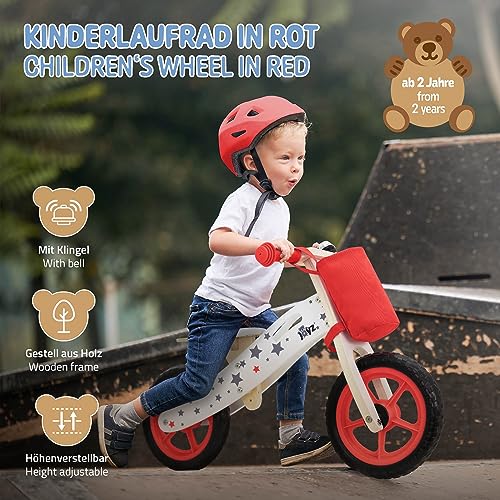 Joyz Bicicleta Infantil Equilibrada de Madera Roja Correpasillos sin Pedales con Bolsa de Tela Asiento Ajustable Ruedas de EVA de 11 Pulgadas a Prueba de Pinchazos Timbre y Asa de Transporte