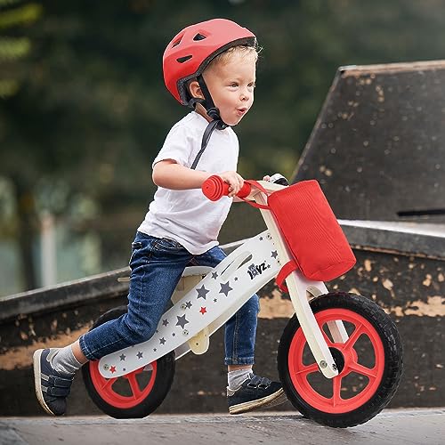 Joyz Bicicleta Infantil Equilibrada de Madera Roja Correpasillos sin Pedales con Bolsa de Tela Asiento Ajustable Ruedas de EVA de 11 Pulgadas a Prueba de Pinchazos Timbre y Asa de Transporte