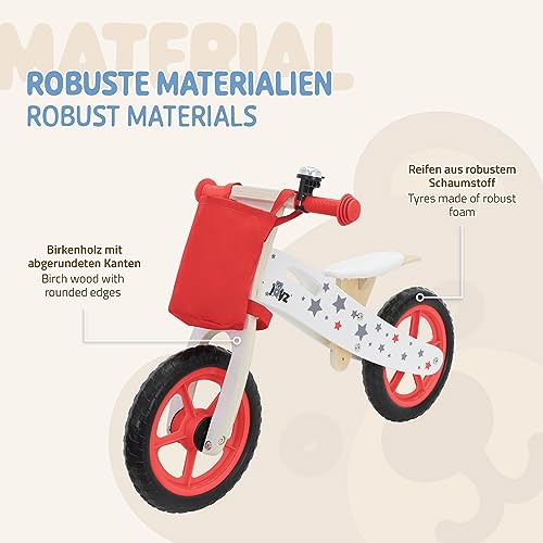 Joyz Bicicleta Infantil Equilibrada de Madera Roja Correpasillos sin Pedales con Bolsa de Tela Asiento Ajustable Ruedas de EVA de 11 Pulgadas a Prueba de Pinchazos Timbre y Asa de Transporte