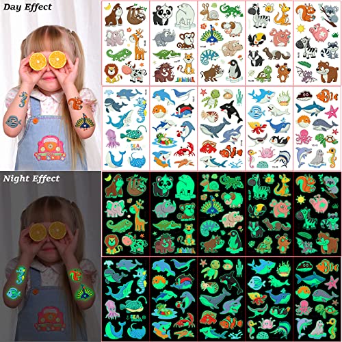 Juego de 10 hojas de tatuaje para niños, diseño de animales luminosos del océano, mundo del océano, pegatinas temporales para niñas niños, brillan en la oscuridad, tatuajes infantiles, regalos de