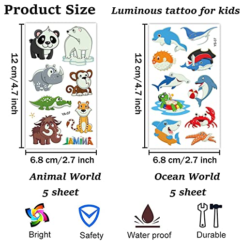 Juego de 10 hojas de tatuaje para niños, diseño de animales luminosos del océano, mundo del océano, pegatinas temporales para niñas niños, brillan en la oscuridad, tatuajes infantiles, regalos de