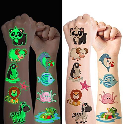 Juego de 10 hojas de tatuaje para niños, diseño de animales luminosos del océano, mundo del océano, pegatinas temporales para niñas niños, brillan en la oscuridad, tatuajes infantiles, regalos de