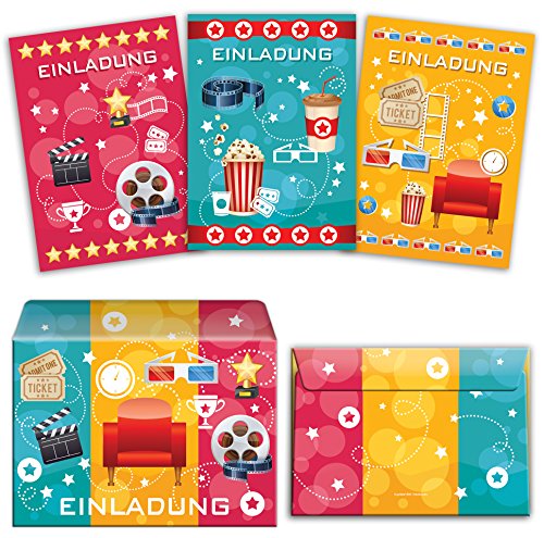 Juego de 12 tarjetas de invitación, sobres, pegatinas, fiestas de cine (4 azules, rosas y amarillos) (12 tarjetas + 12 sobres + 12 bolsas de fiesta + 12 pegatinas (bolsas con base cruzada)