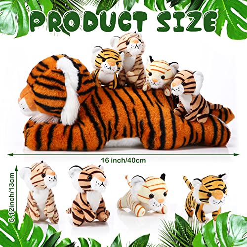 Juego de 5 juguetes de peluche de tigre, 1 animal de peluche con 4 lindos bebés de peluche en el vientre de mamá de tigre de 16 pulgadas, regalos de cumpleaños, recuerdos de fiesta