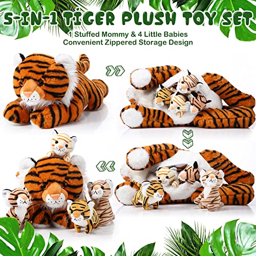 Juego de 5 juguetes de peluche de tigre, 1 animal de peluche con 4 lindos bebés de peluche en el vientre de mamá de tigre de 16 pulgadas, regalos de cumpleaños, recuerdos de fiesta