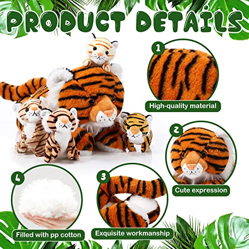 Juego de 5 juguetes de peluche de tigre, 1 animal de peluche con 4 lindos bebés de peluche en el vientre de mamá de tigre de 16 pulgadas, regalos de cumpleaños, recuerdos de fiesta