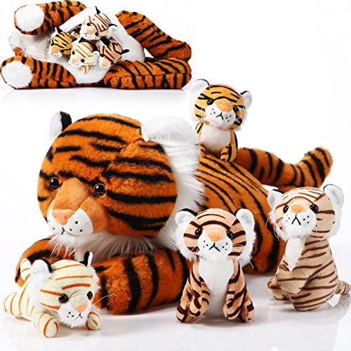 Juego de 5 juguetes de peluche de tigre, 1 animal de peluche con 4 lindos bebés de peluche en el vientre de mamá de tigre de 16 pulgadas, regalos de cumpleaños, recuerdos de fiesta