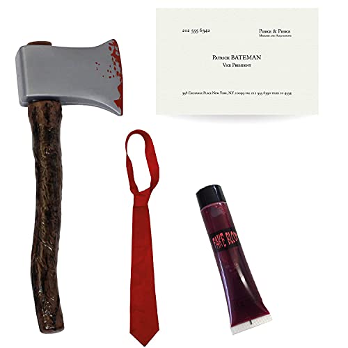 Juego de accesorios de PATRICK BATEMAN – Hacha sangrienta + corbata roja + tarjeta de negocios + sangre falsa – Disfraz de personaje de TV y película americana para adultos