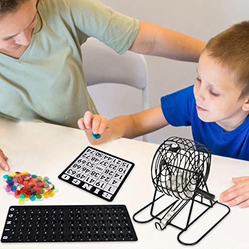 Juego de bingo, juego de bingo de lujo, jaula de metal de 8.0 in con tablero de llamadas, bolas de colores, 150 fichas de bingo, 18 cartones de bingo, para juegos de grupos grandes para la noche de ju