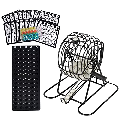 Juego de bingo, juego de bingo de lujo, jaula de metal de 8.0 in con tablero de llamadas, bolas de colores, 150 fichas de bingo, 18 cartones de bingo, para juegos de grupos grandes para la noche de ju