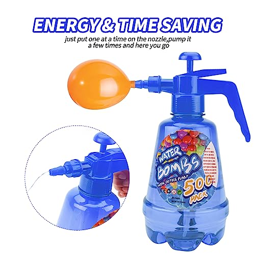 Juego de bomba de globo de agua de 1.5 L, bomba de globo de agua de aire con 500 globos de agua, 3 en 1, botella de spray para niños, juegos de piscina y jardín al aire libre (azul)