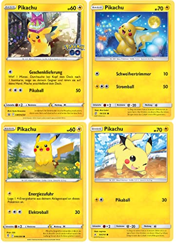 Juego de cartas Pokémon en alemán – Juego de cartas individuales compatibles con cartas Pokemon – Juego de 4 Pikachu – Compilado por GECO