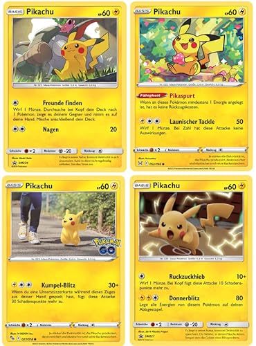 Juego de cartas Pokémon en alemán – Juego de cartas individuales compatibles con cartas Pokemon – Juego de 4 Pikachu – Compilado por GECO